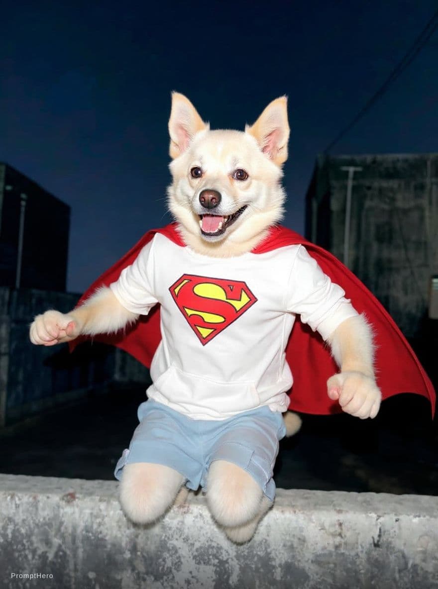 AI generated: white dog like the reference, flying happy like a superhero 