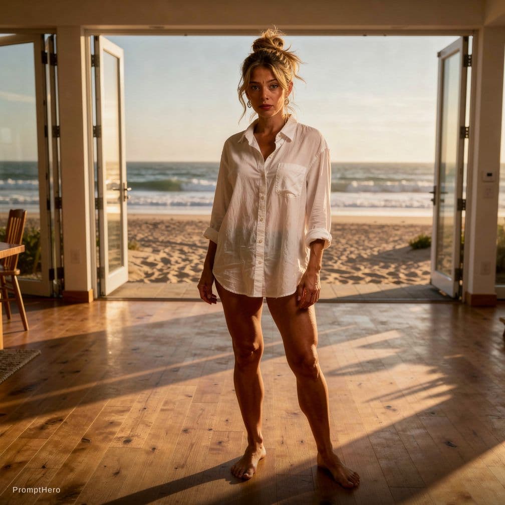 AI generated: cinematic photorealistic portrait of a fit adult woman standing inside a sunlit beach house, warm go...