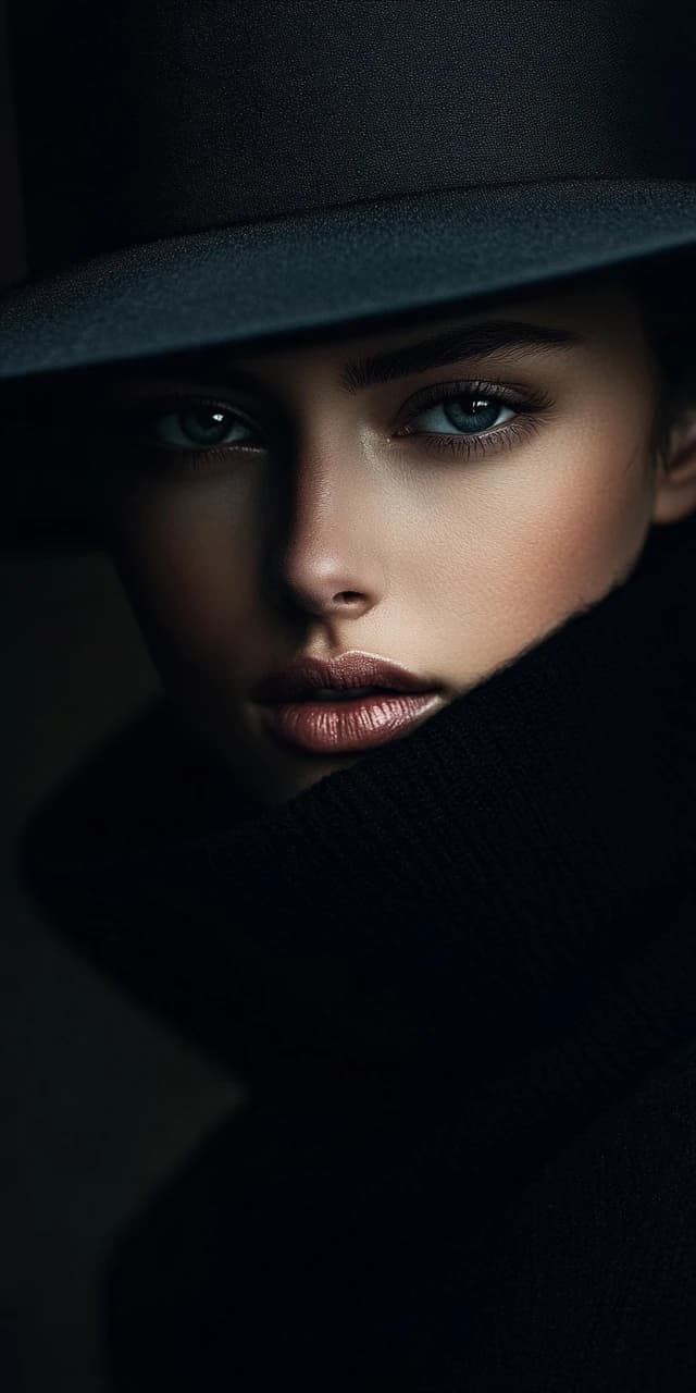 AI generated: A close-up portrait of a fair-skinned woman, framed from the shoulders up, with striking features an...
