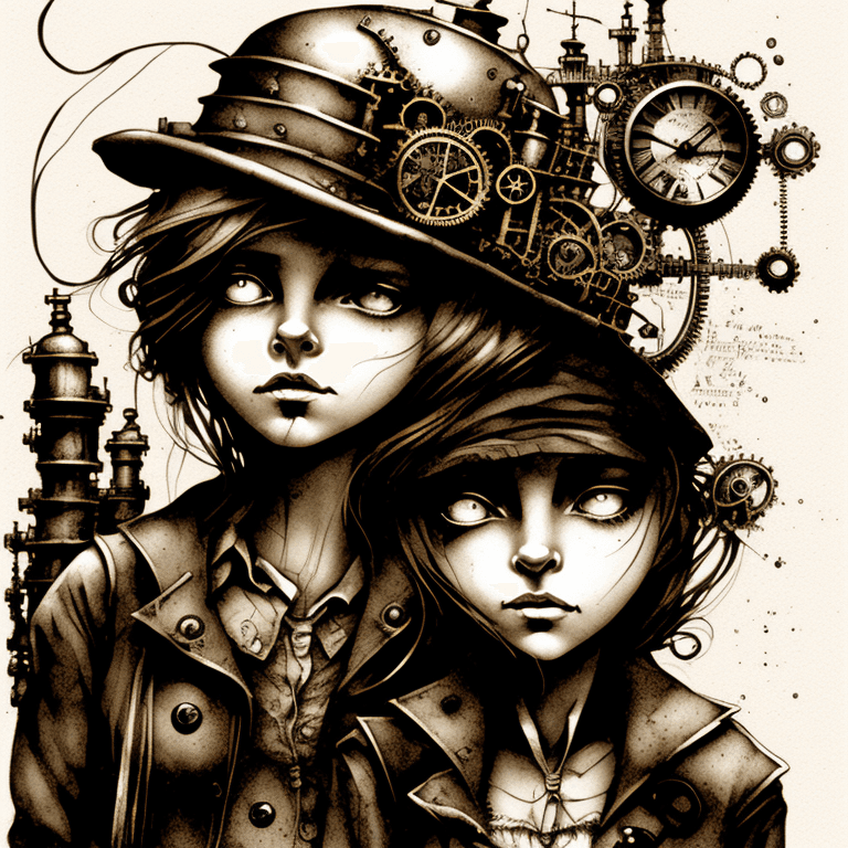 AI generated: illustration, a cute steampunk homeless girl , Dave McKean, hyper-realistic, very detailed, micro pe...