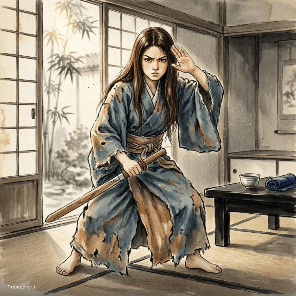 AI generated: Ancient Japanese painting style, ink wash and subtle color pigments on aged rice paper. A teenage gi...
