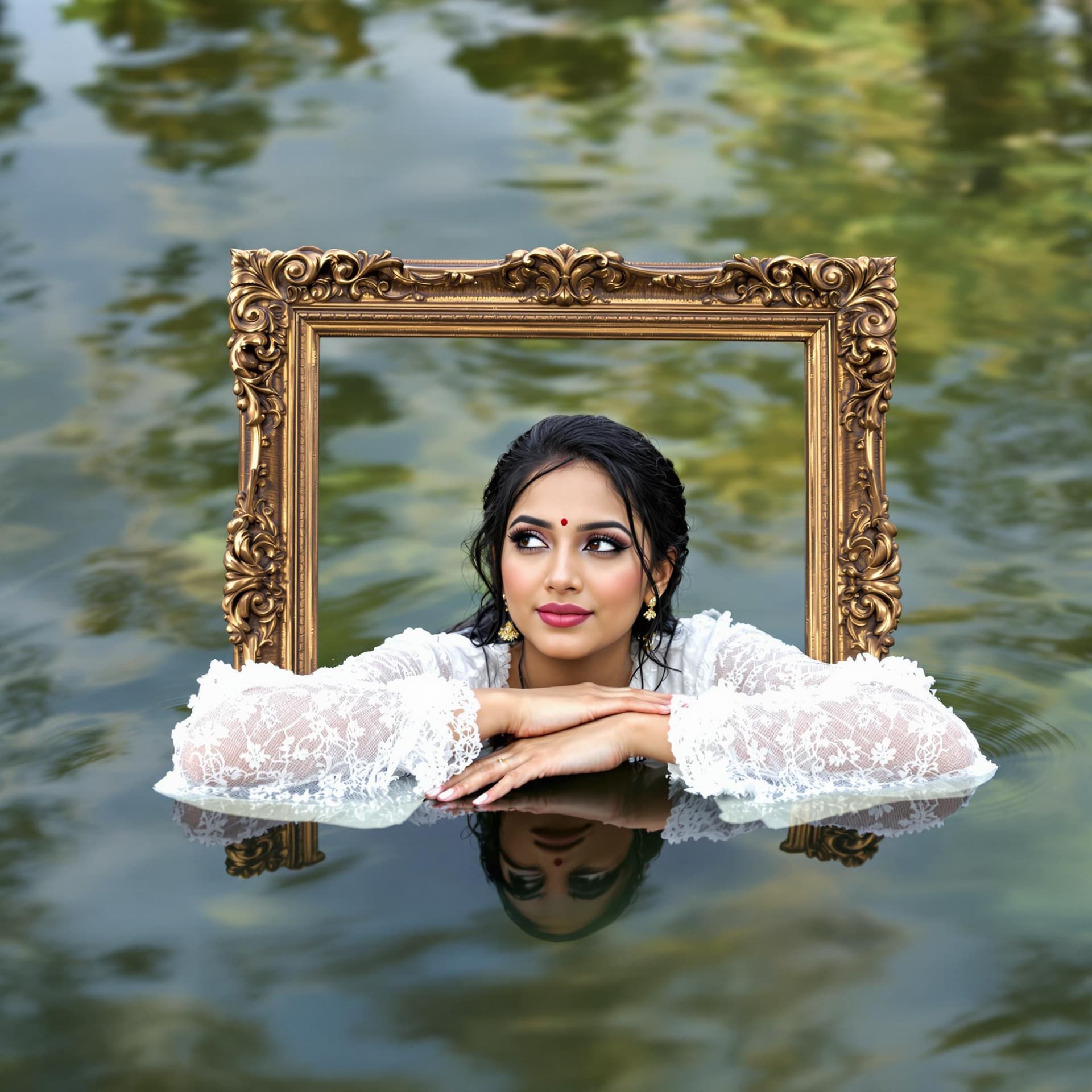 AI generated: A visually captivating photograph shows a Kerala woman submerged in water up to her shoulders, hair ...