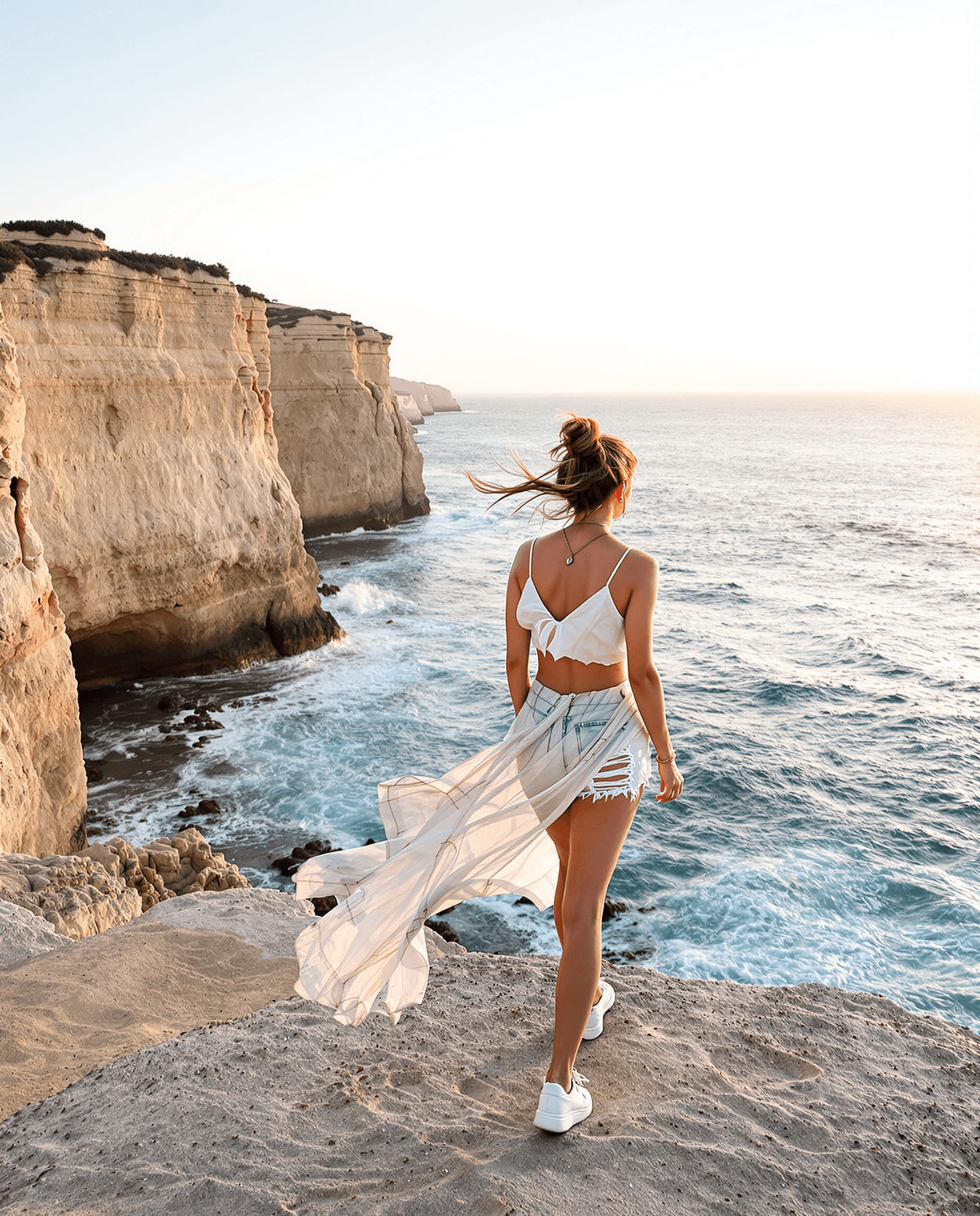 AI generated: keeley hazell  an ample bust, thick thighs, and long legs, standing on a rugged coastal cliff during...