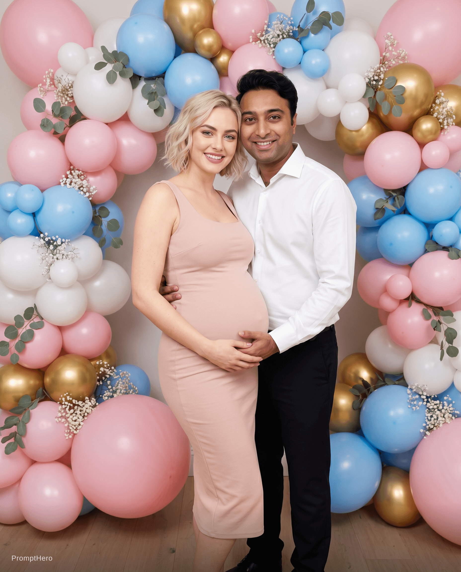 AI generated: Create a photo of an expecting couple standing in front of a lush balloon garland in shades of pink,...
