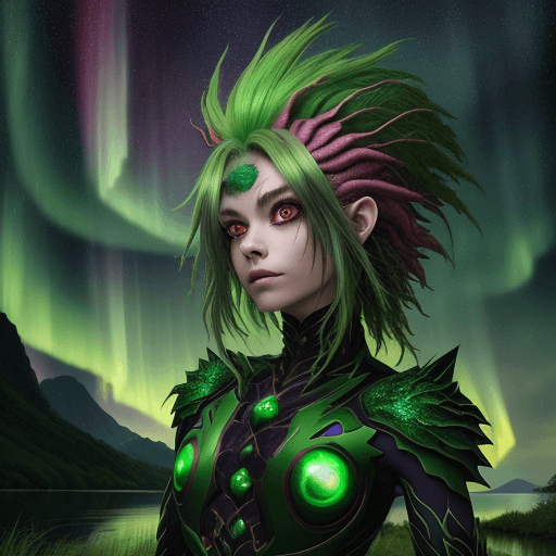AI generated: humanoid basilisk, red eyes, green hair, majestic vibe, set against a vibrant, enchanted landscape o...