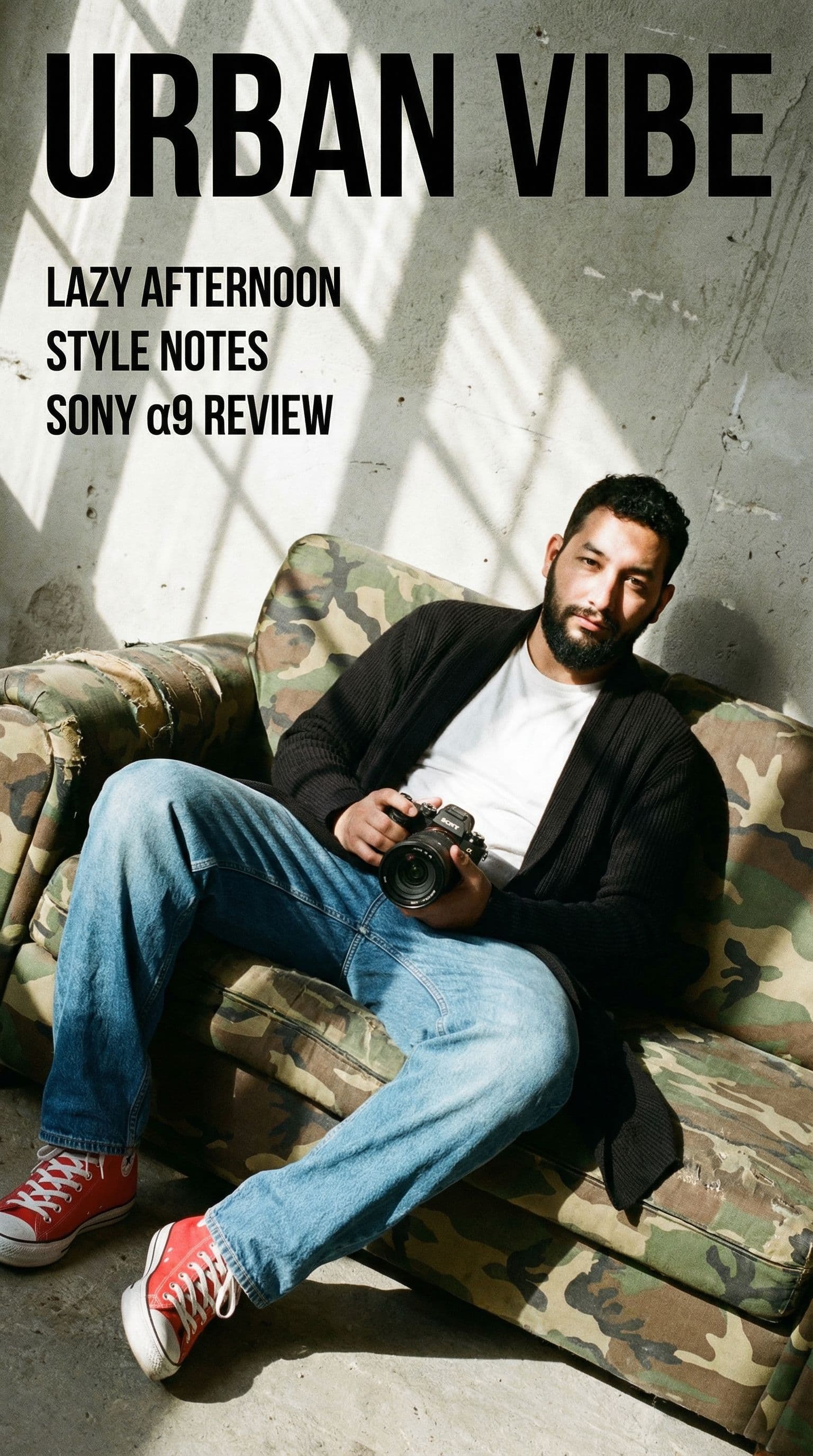 AI generated: photography, magazine cover, tilt shot, male model lounging on a worn camouflage sofa, casually dres...