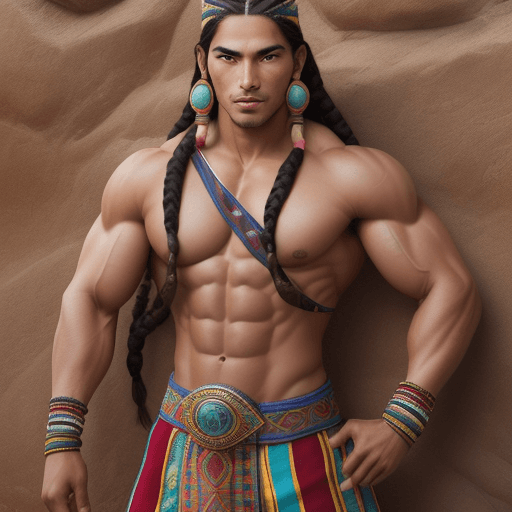 AI generated: fotografía hiper realista, muscular man, inca race, face andean, long hair with many braids, inca em...