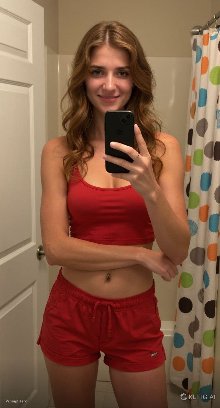 AI generated: A young woman, smiling genuinely, wearing a red short-sleeved crop top that exposes the lower portio...