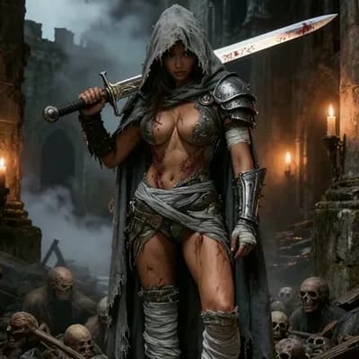 AI generated video: the woman lowers her sword and starts walking towards the camera
