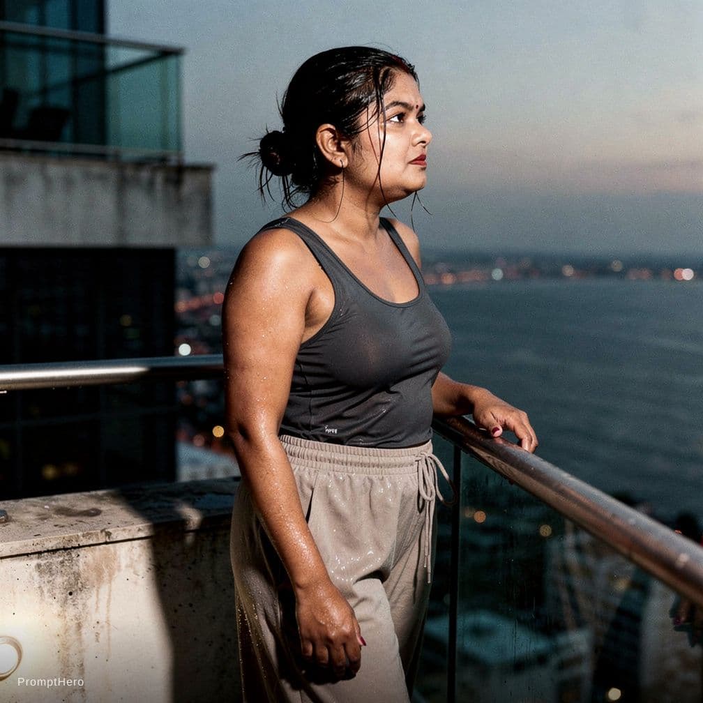 AI generated: A documentary style photograph of a young female on a high balcony just after swimming. Her long dar...