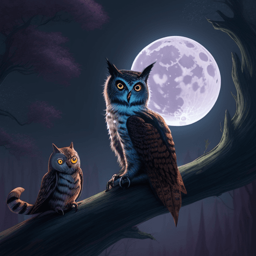 AI generated: a fantastic night owl in fantasy world, full fantasy moon on background, fantasy cat is near the owl