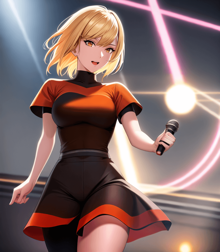 AI generated: (perfect anime illustration), 1girl, short blonde hair, (medium breasts:1.2), concert, live performa...