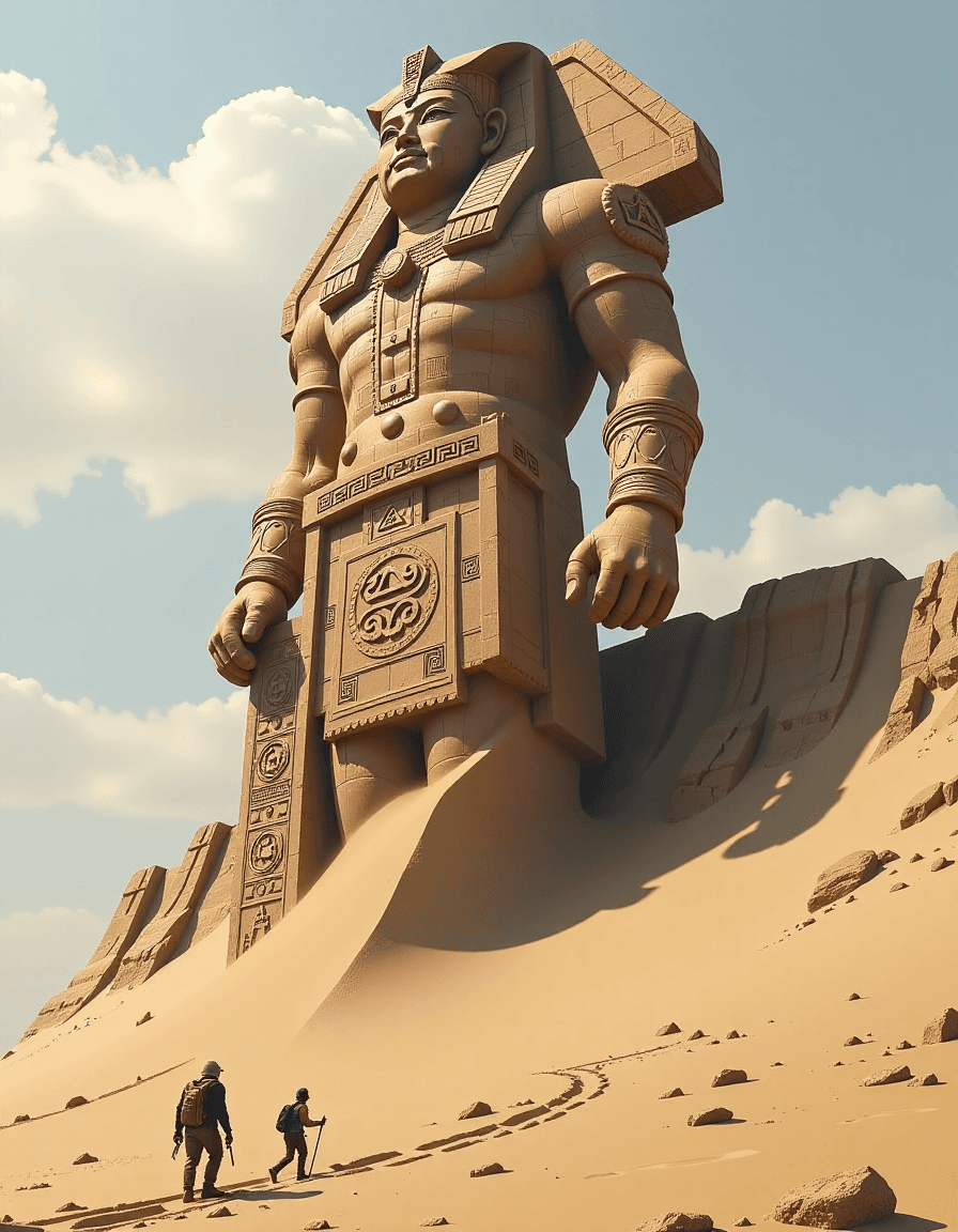 AI generated: "A forgotten god's statue, colossal and half-buried in desert sands, intricately carved with unknown...