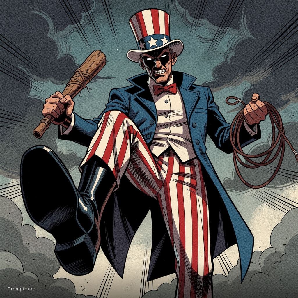AI generated: Comic-style illustration. Color comic, line art. Uncle Sam stands in a menacing pose, looking down f...