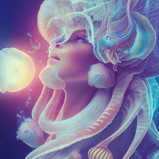 AI generated: Goddess close-up portrait ribcagel. jellyfish phoenix head, nautilus, orchid, skull, betta fish, bio...