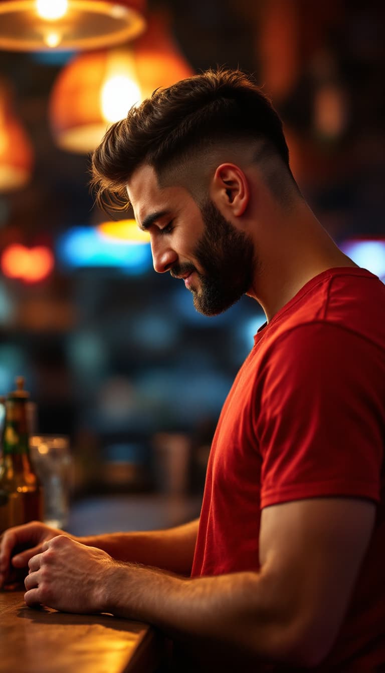 AI generated: Profile photograph of a handsome caucasian man, dark burst-taper hair, short trimmed shaved beard, w...