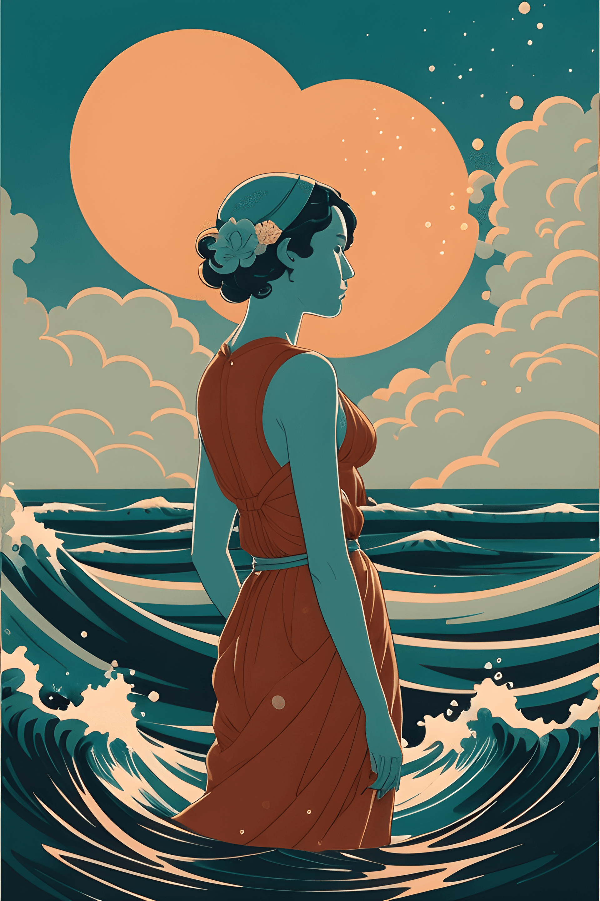 AI generated: a close up of a person standing in the water with a wave, victo ngai style, botticelli and victo nga...
