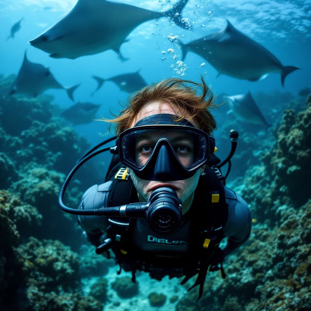 AI generated: high-resolution underwater photography, scuba diver with mask and breathing regulator with mantas sw...