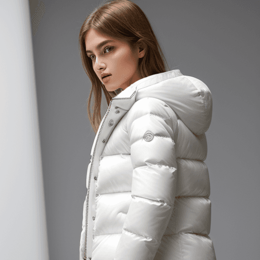 AI generated: girl model down jacket cotton padded jacket white Color O-silhouette cocoon slim fit or fitted lamé ...