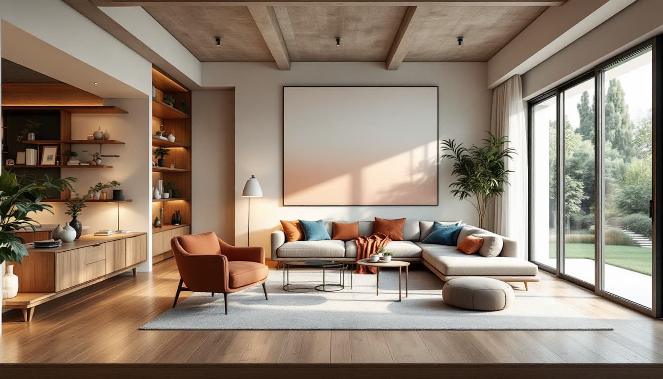 AI generated: High resolution photography interior design, dreamy sunken living room conversation pit, wooden floo...