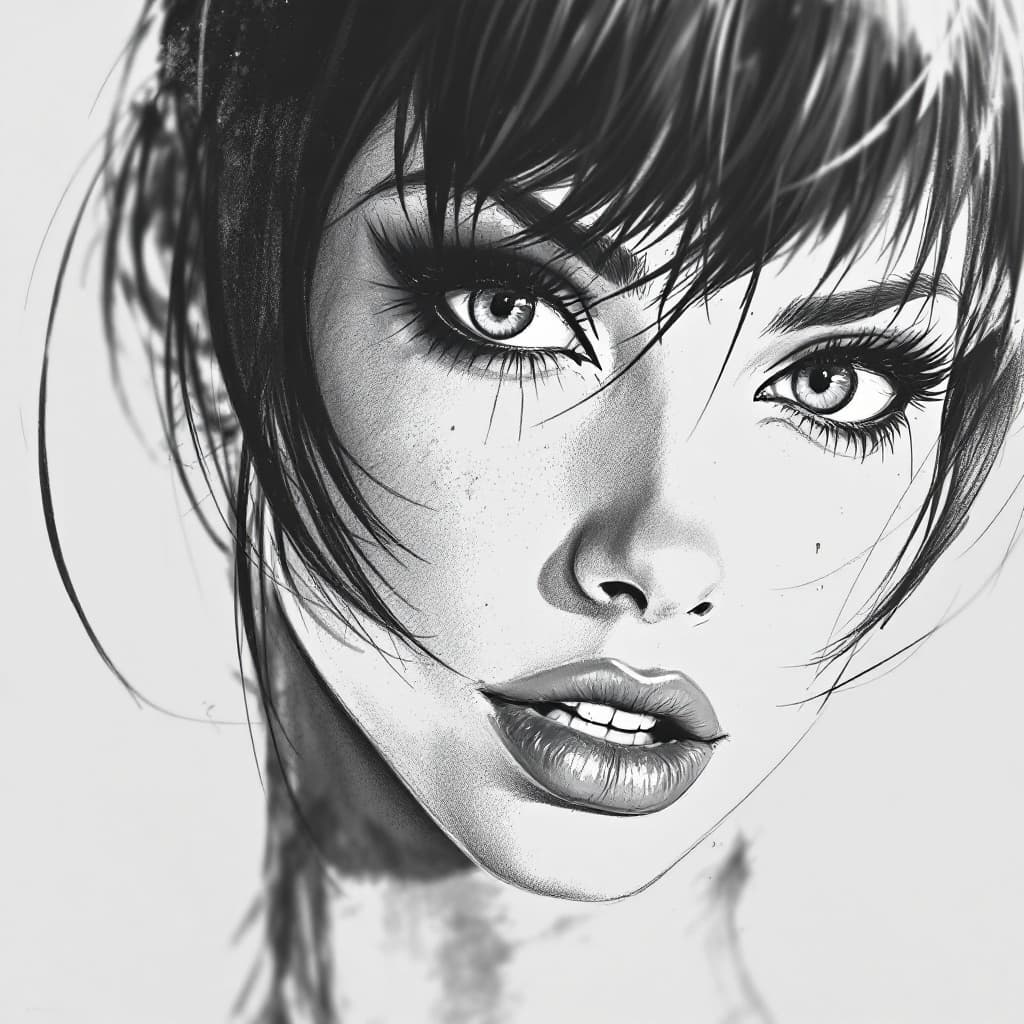 AI generated: A captivating close-up of a woman with piercing, almond-shaped eyes and bold. asymmetrical bangs fra...