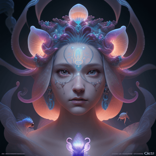 AI generated: Goddess close-up portrait ribcagel. jellyfish phoenix head, nautilus, orchid, skull, betta fish, bio...