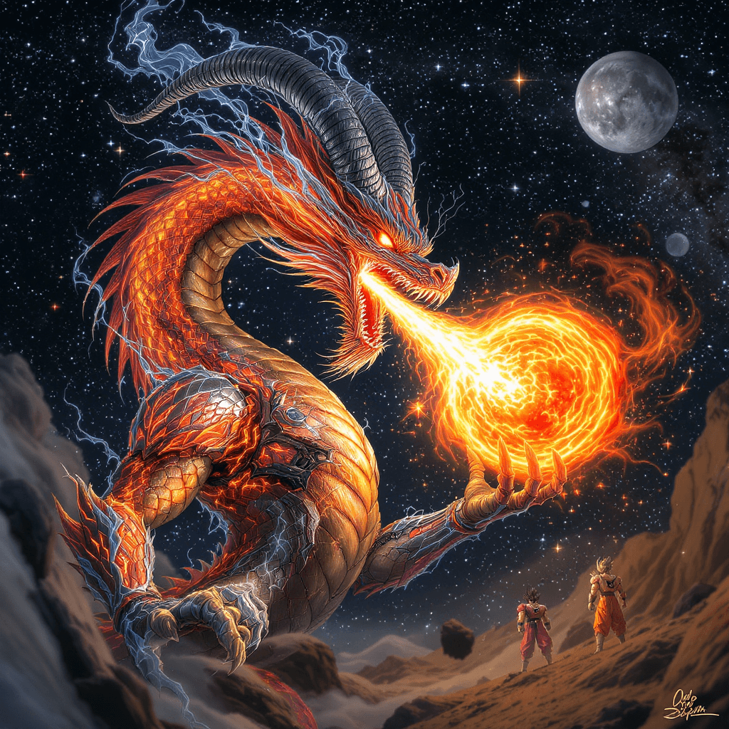 AI generated: In hyper realism style, a fire water dragon mixed with goat horns, wearing vibranium dragon scaled a...
