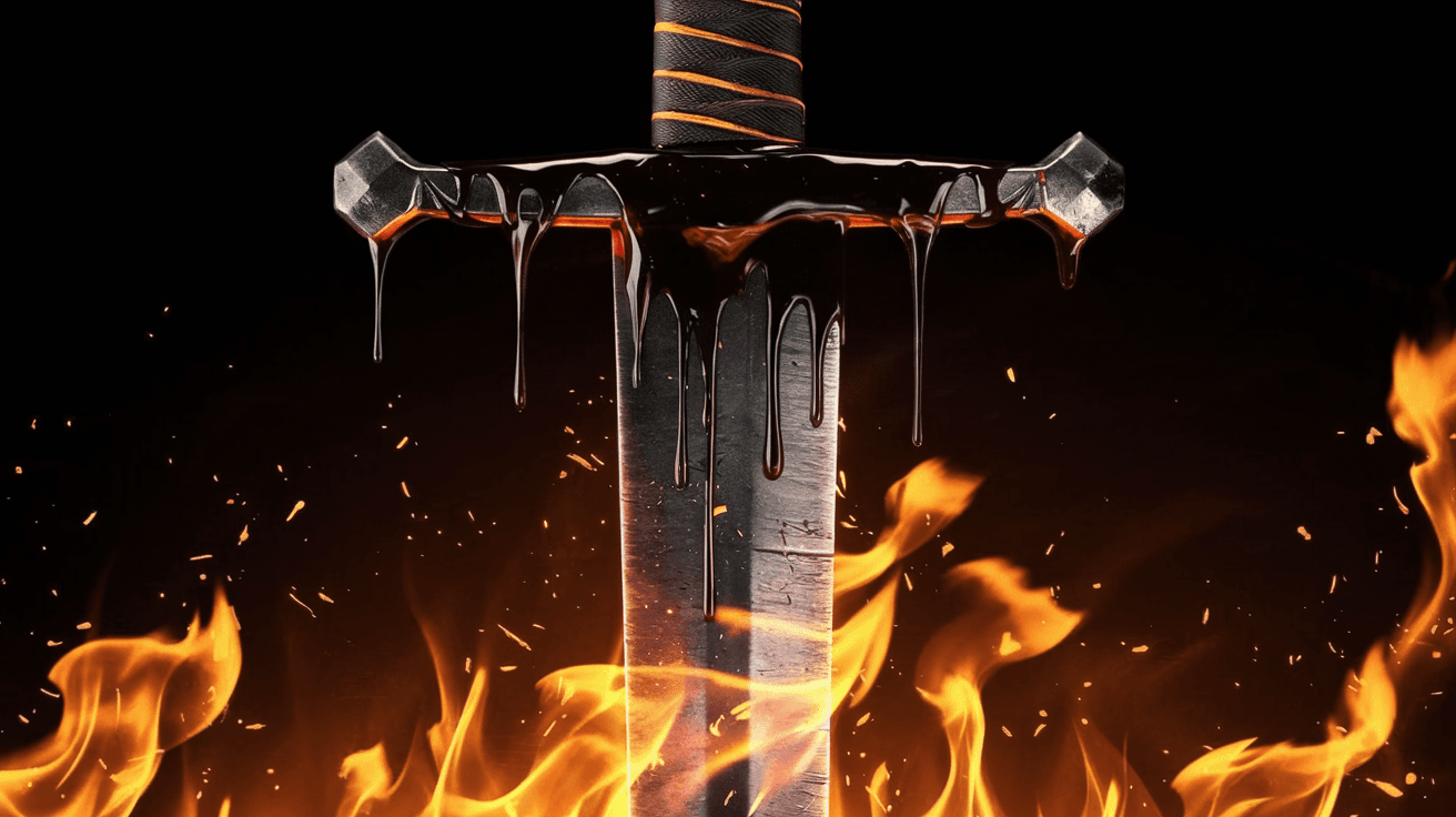 AI generated: A hauntingly beautiful and evocative image of a sword, drenched in a mysterious black substance that...