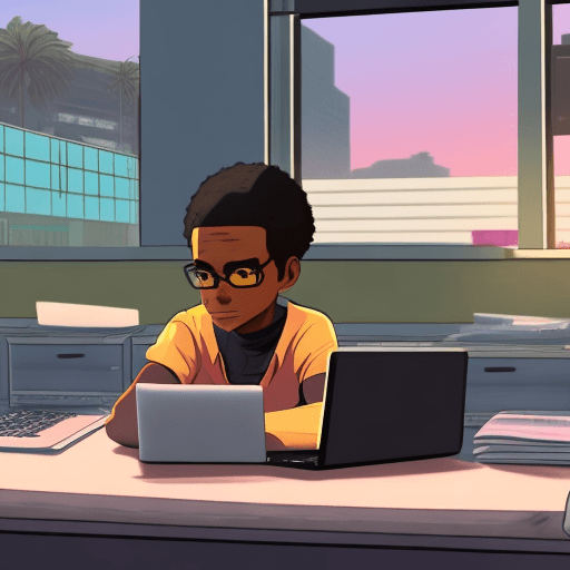 AI generated: a picture of a black teenager sitting on a desk with a laptop in  lofi anime gta 5 style
