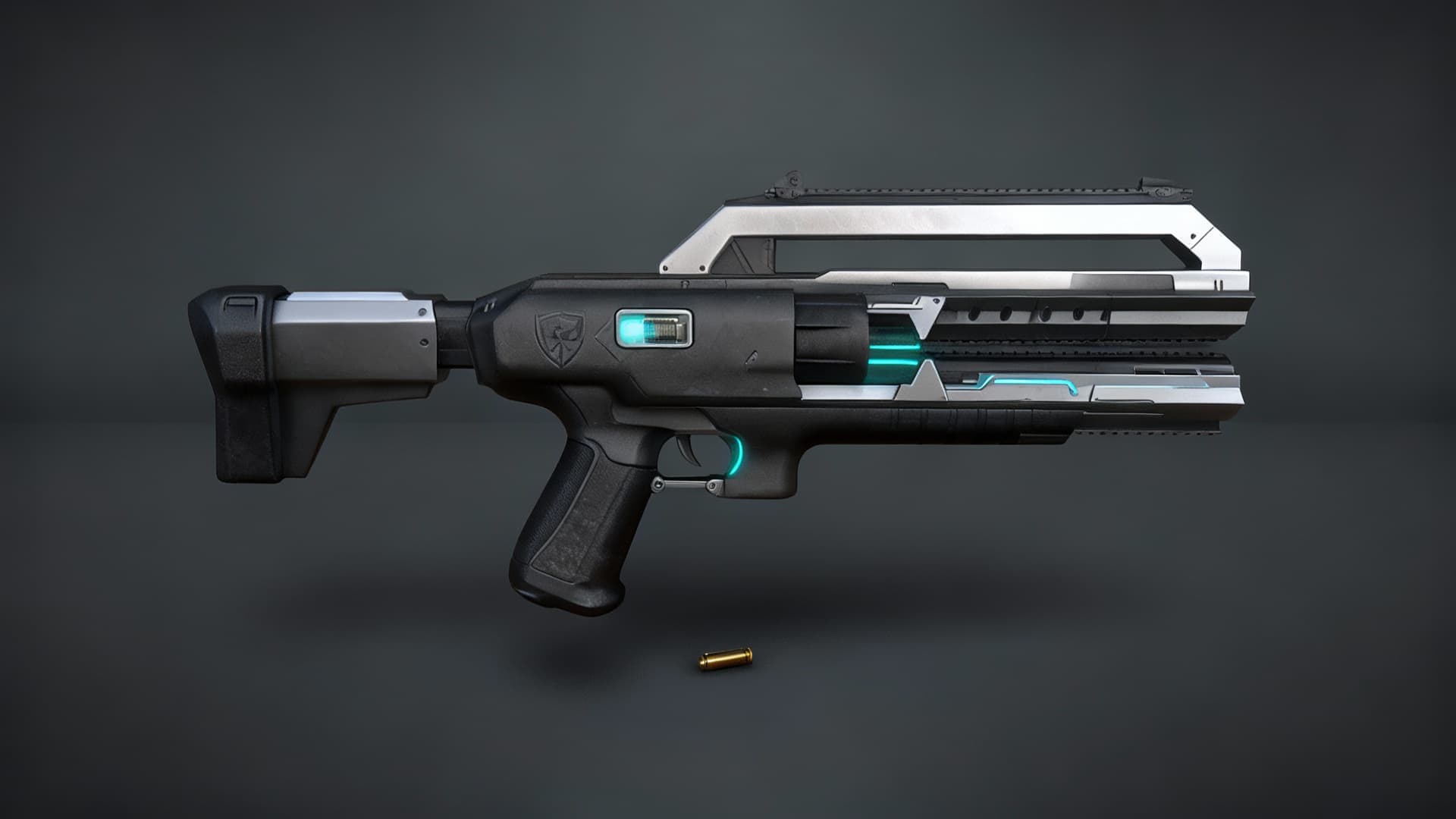 AI generated: Design a chunky, clearly fictional Wisp Pistol for Our’World: short, broad muzzle, soft rubberized g...
