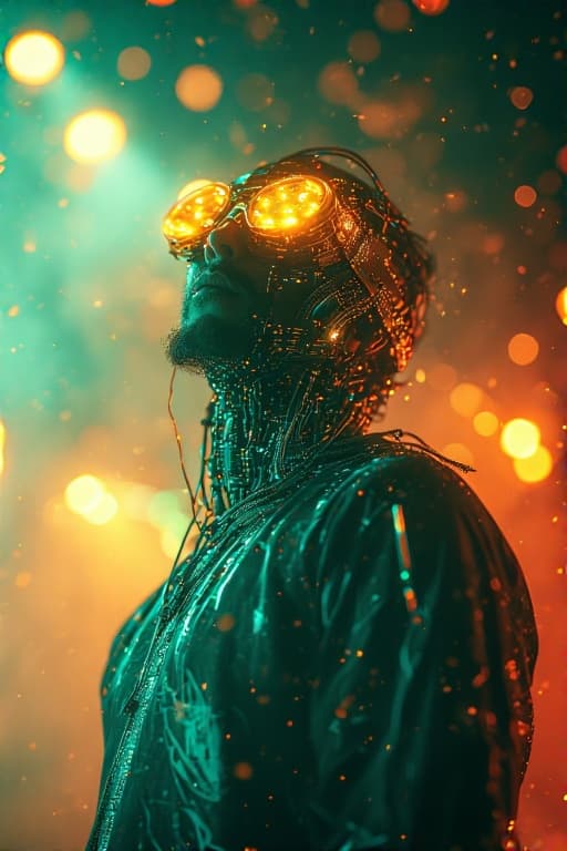 AI generated: cybernetic musician creating hypnotic tunes, light leaks, epic fantasy, vibrant color grading