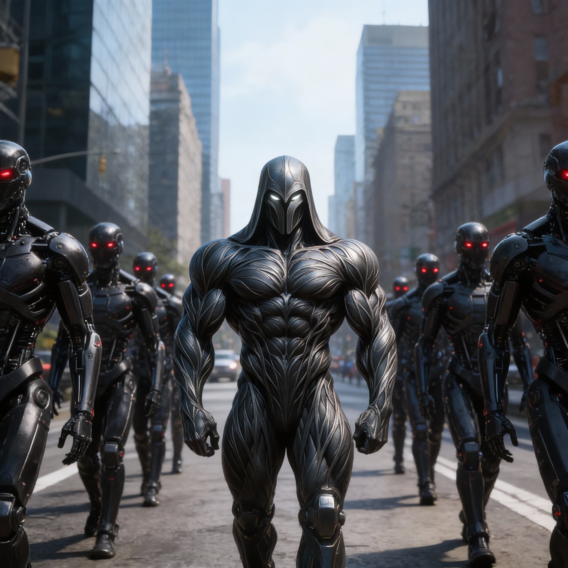 AI generated: Create a visual, show these forces as a peaceful invasion occupying force upon the streets of Earth....