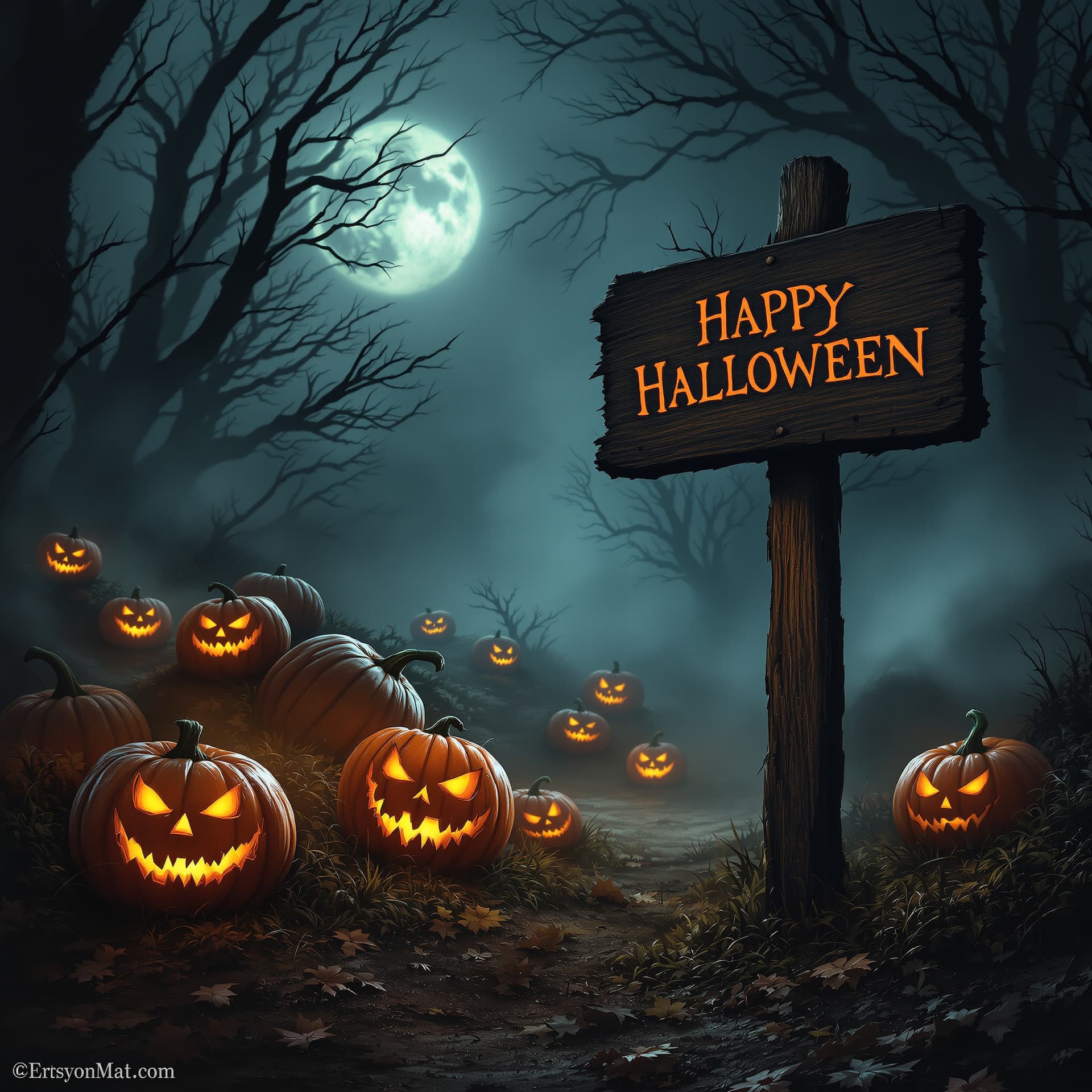 AI generated: dark horror halloween poster, creepy haunted pumpkins with glowing eyes, old wooden sign in the scen...