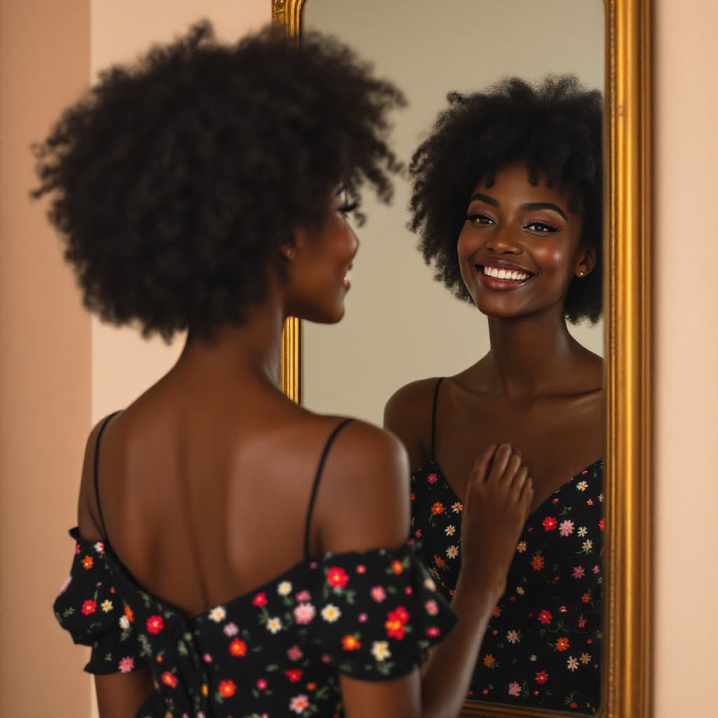 AI generated: oil painting of A pretty dark-skinned woman with curly black hair and wearing a black dress with a m...