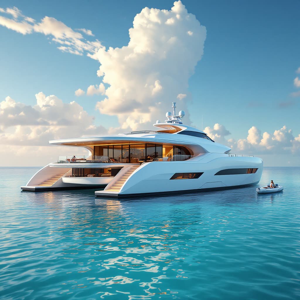 AI generated: Design a futuristic 75-foot power catamaran with large open windows, a luxurious interior featuring ...