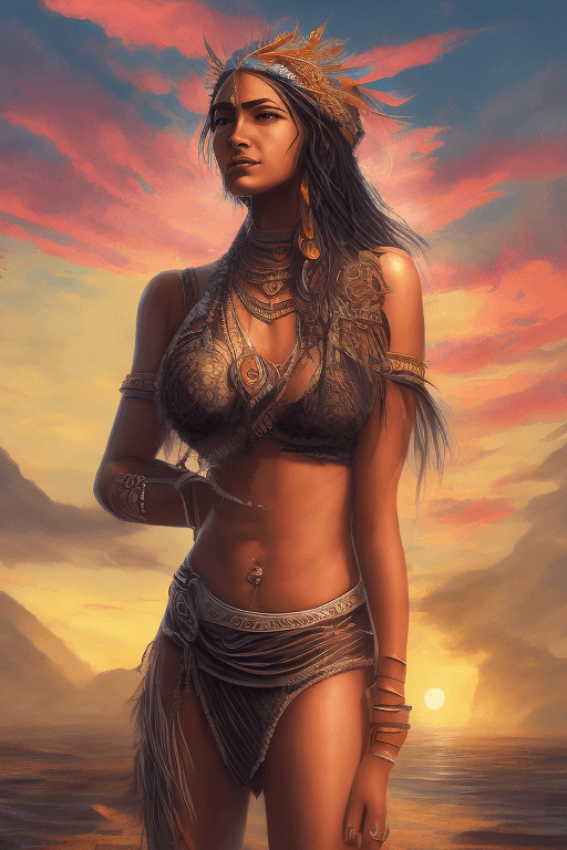 AI generated: A stunning full body portrait of a maori woman, island background, sunset, charlie bowater, volumetr...