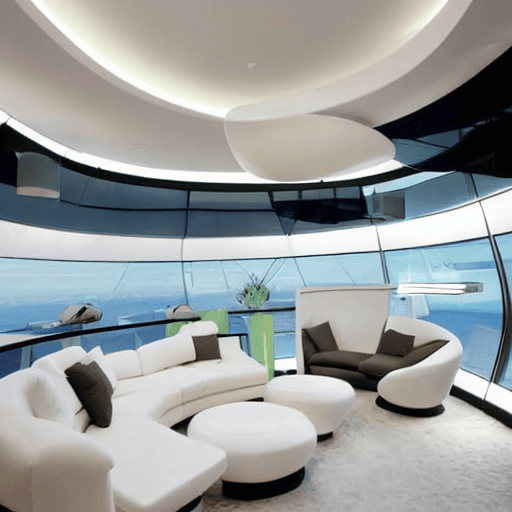AI generated: futuristic minimalistic living room on a space ship, panoramic window that wraps around one entire c...