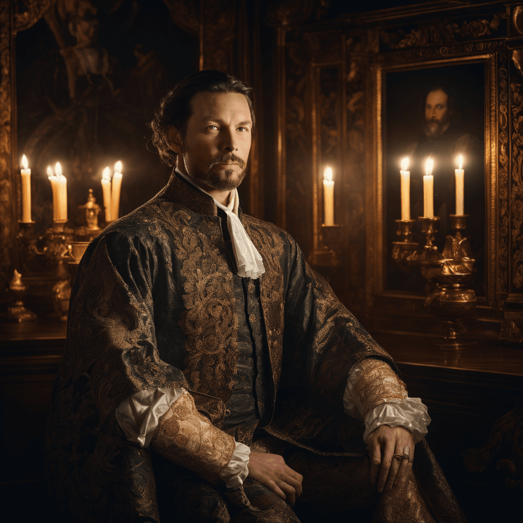 AI generated: A regal 35-year-old nobleman, wearing ornate Renaissance attire, poses in a grand, dimly lit chamber...