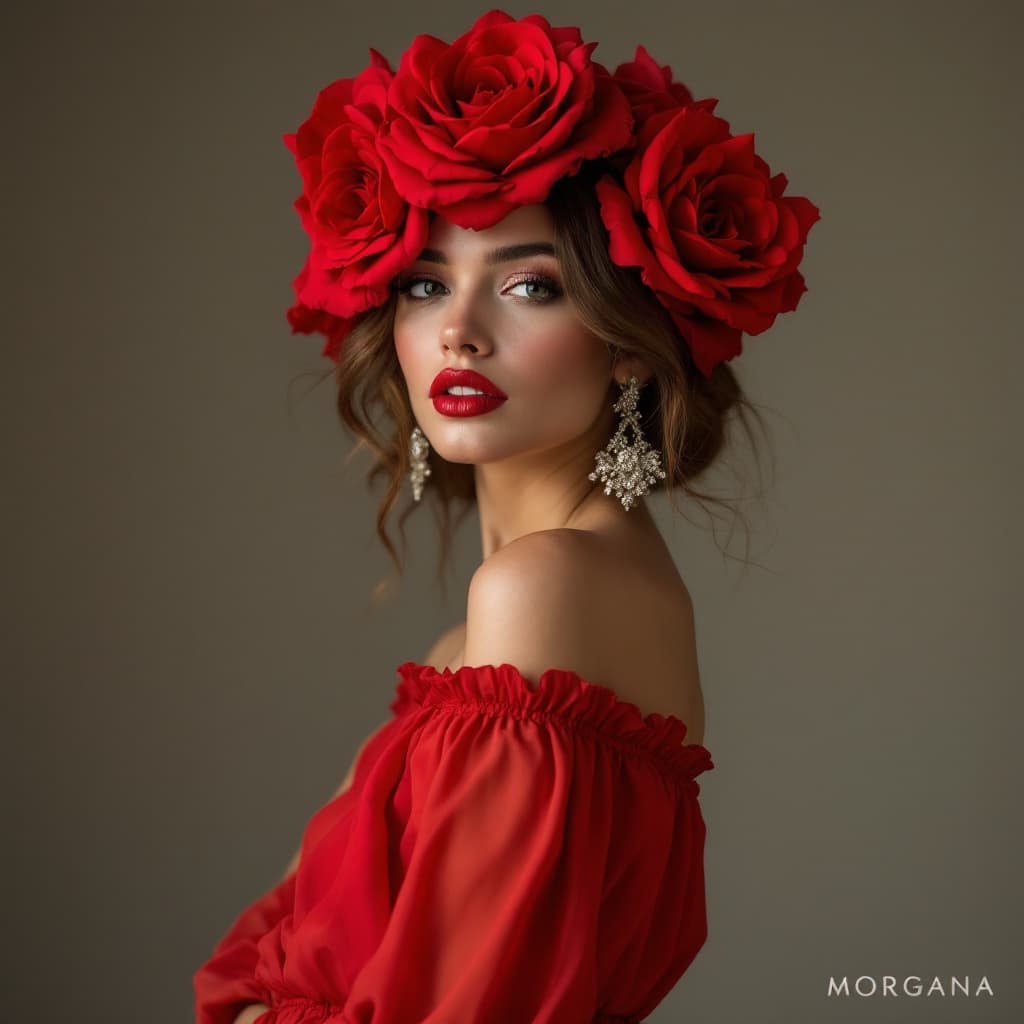 AI generated: Prompt imagem de uma linda mulher usando um chapéu vermelho de renda adornado com grandes rosas verm...