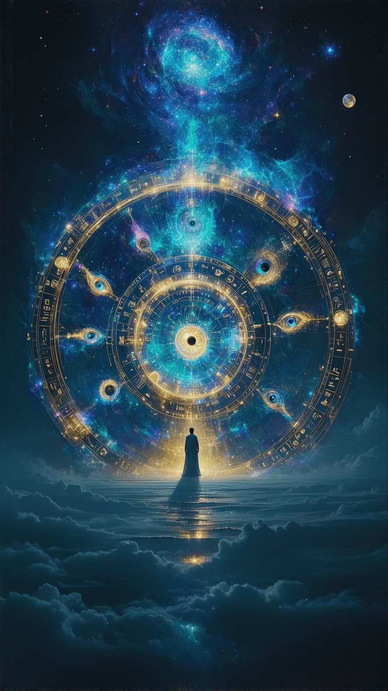 AI generated: 10. The Wheel of Fortune – The Cosmic Cycle

A massive celestial wheel, inscribed with shifting gold...