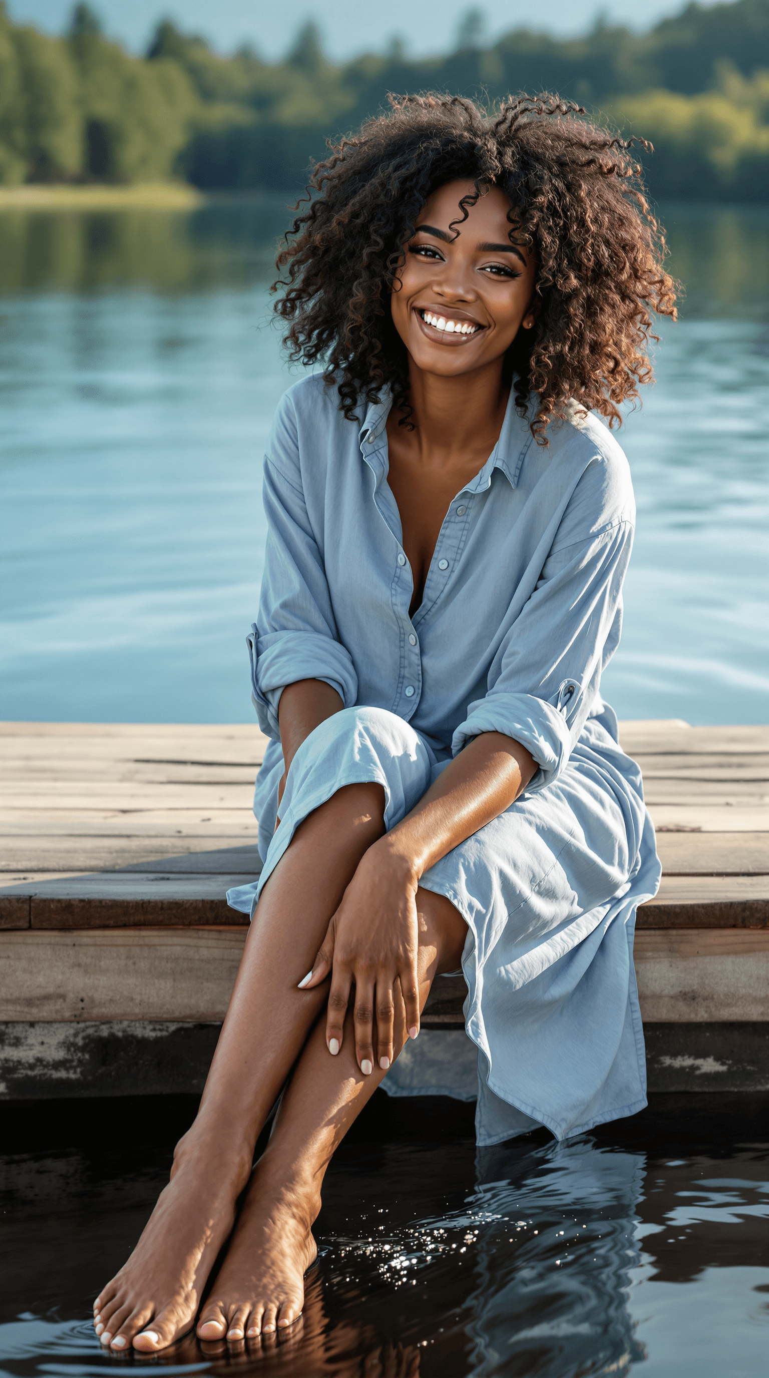 AI generated: Black 35 years old woman in a casual dress with rolled sleeves, sitting on the edge of a wooden pier...
