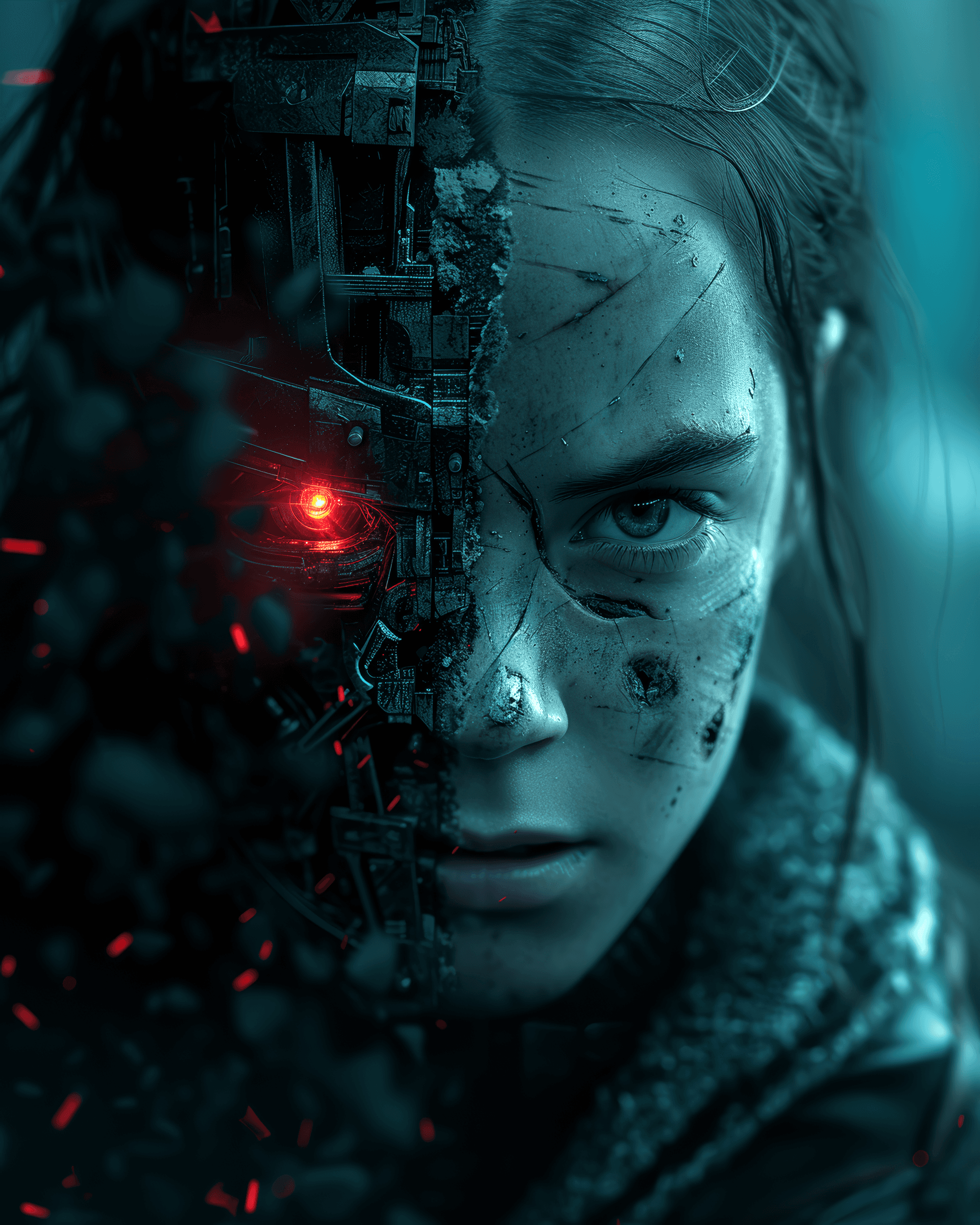 AI generated: Photo of a broken ruined cyborg girl in a landfill, robot, body is broken with scares and holes, hal...