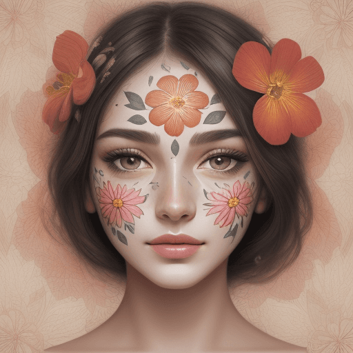 AI generated: detailed painting of beautiful of woman face, flower printed skin, flower patterns on face, think te...