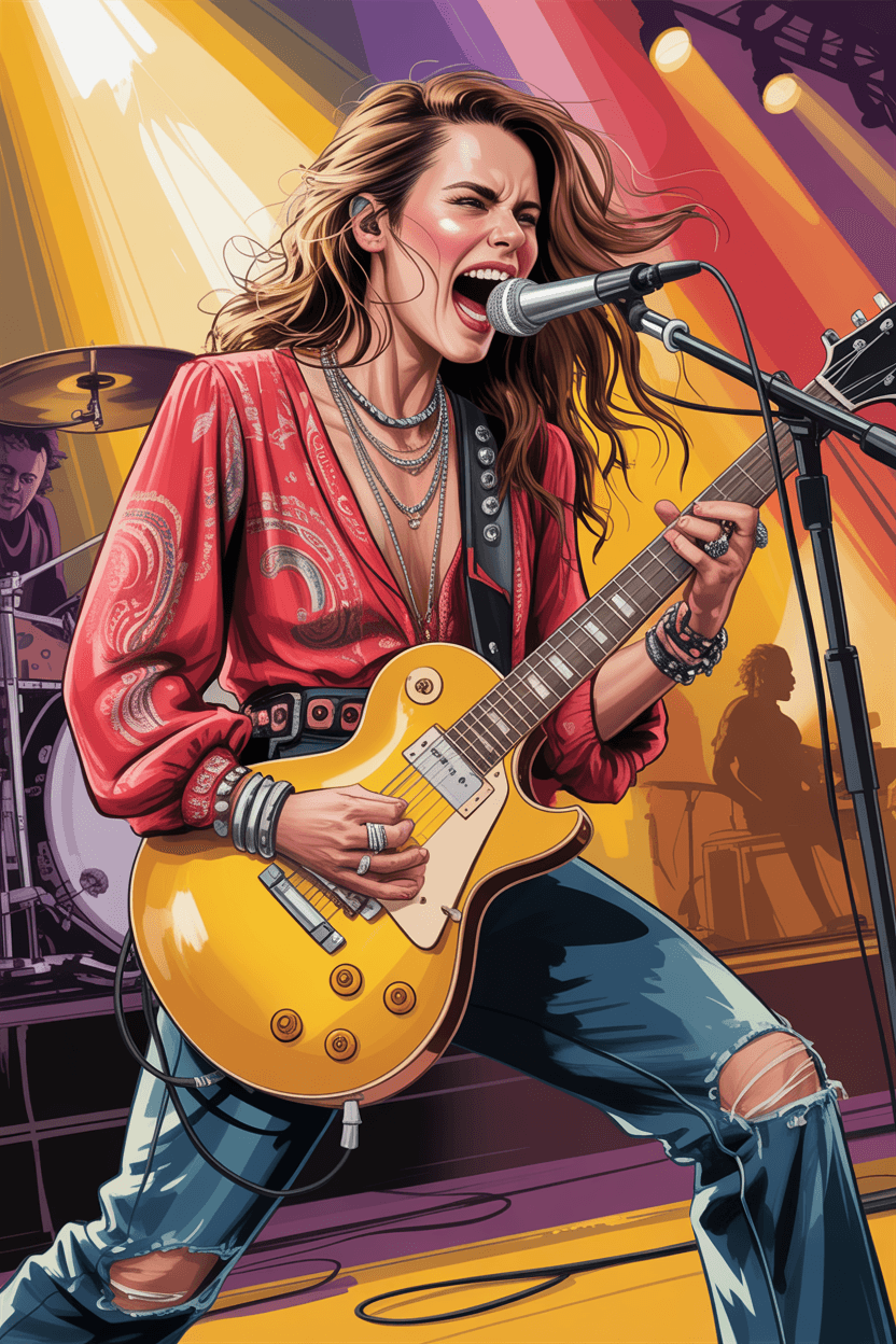 AI generated: a high-energy live concert scene featuring a fierce female guitarist mid-performance. She wears a bo...