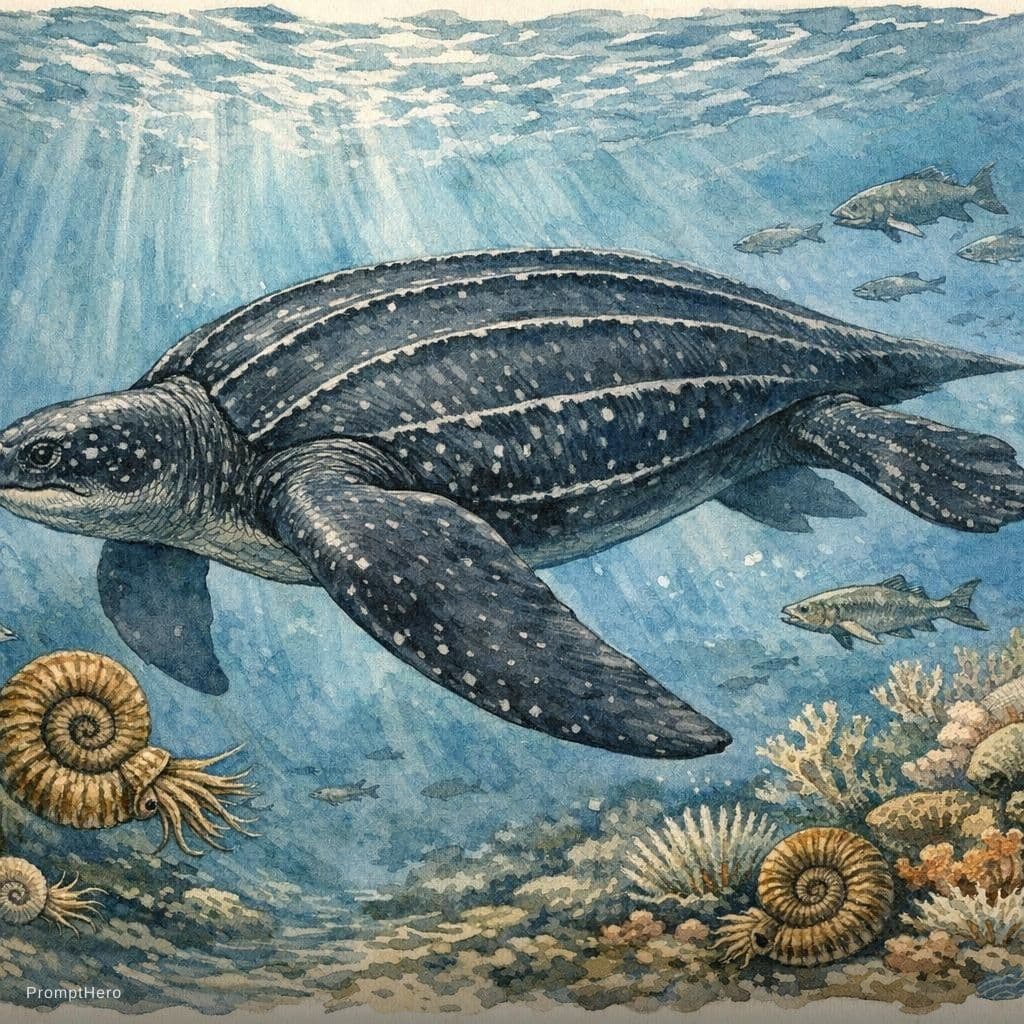 AI generated: A massive prehistoric leatherback sea turtle (Dermochelys) from the Cretaceous period swimming grace...