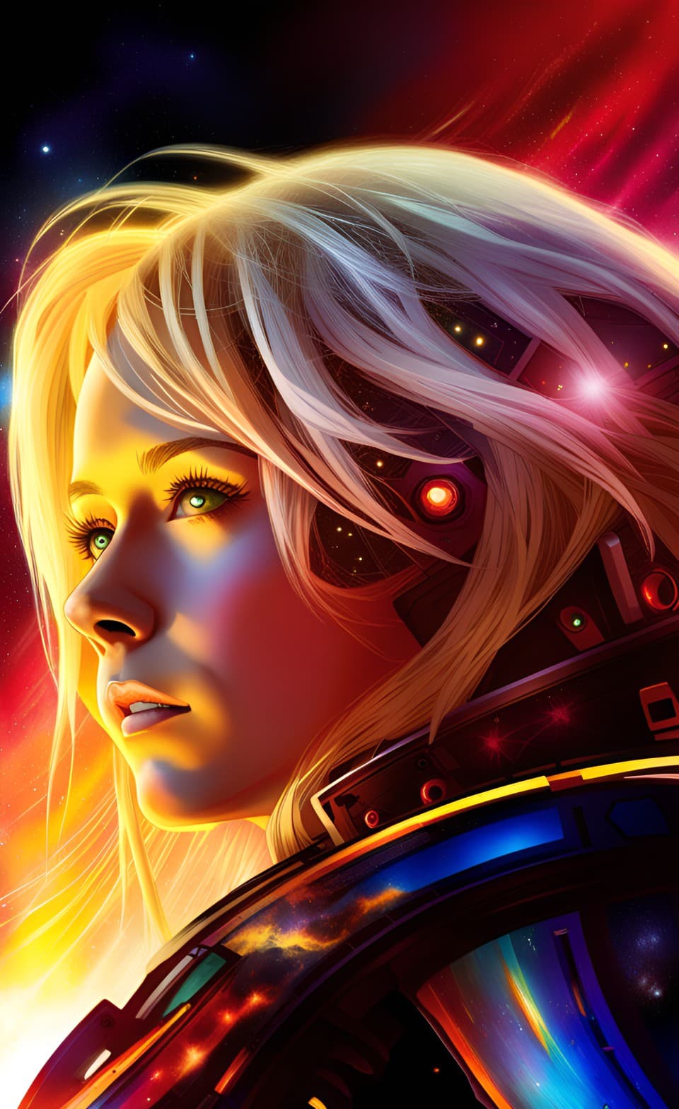 AI generated: A sci-fi Anime style portrait poster of female art character with long blond messy hair, space suit,...