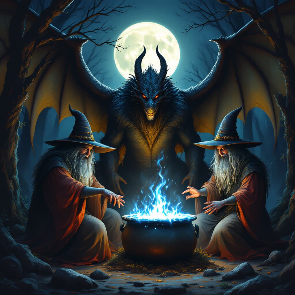 AI generated: 3 thick witches with macromastia performing ritual around a cauldron with blue fire by moonlight in ...