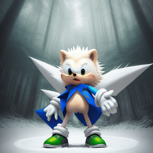 AI generated: Hedgehog , white hedgehog, sonic, supersonic, power up, in forest setting, snowy forest, concept art...