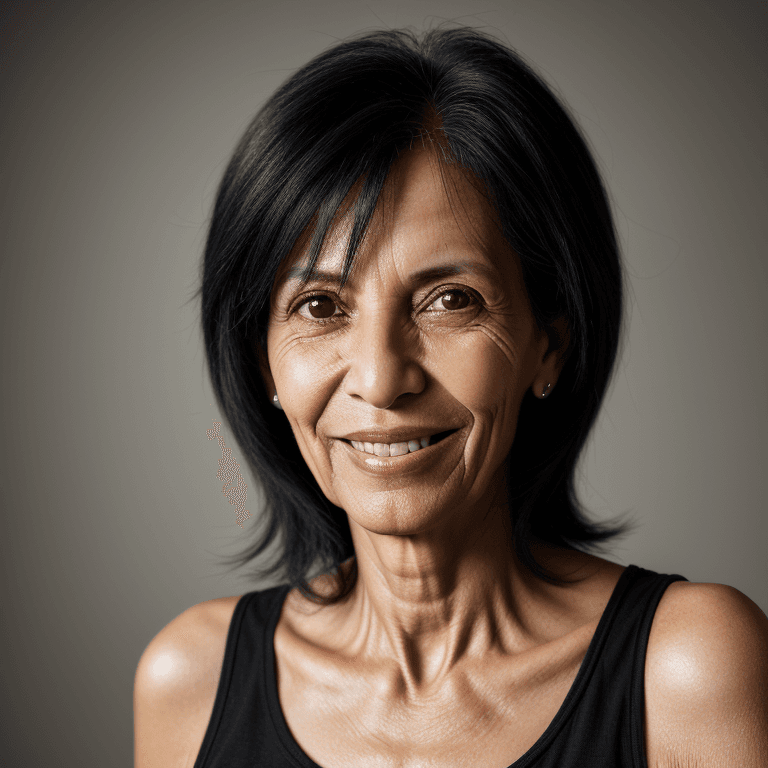 AI generated: hyper realistic headshot photo of a 55 year old brasilian (woman 1.5), black hair, slim, skinny, loo...