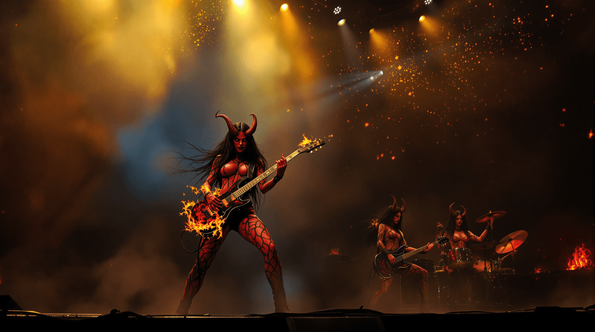 AI generated: A wide-angle concert scene, reminiscent of Beksiński's dark mysticism and Giger's biomechanical nigh...